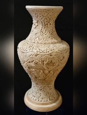 Intricate Carved Ivory-Color Chinese Cinnabar Decorative Vase - Home Art